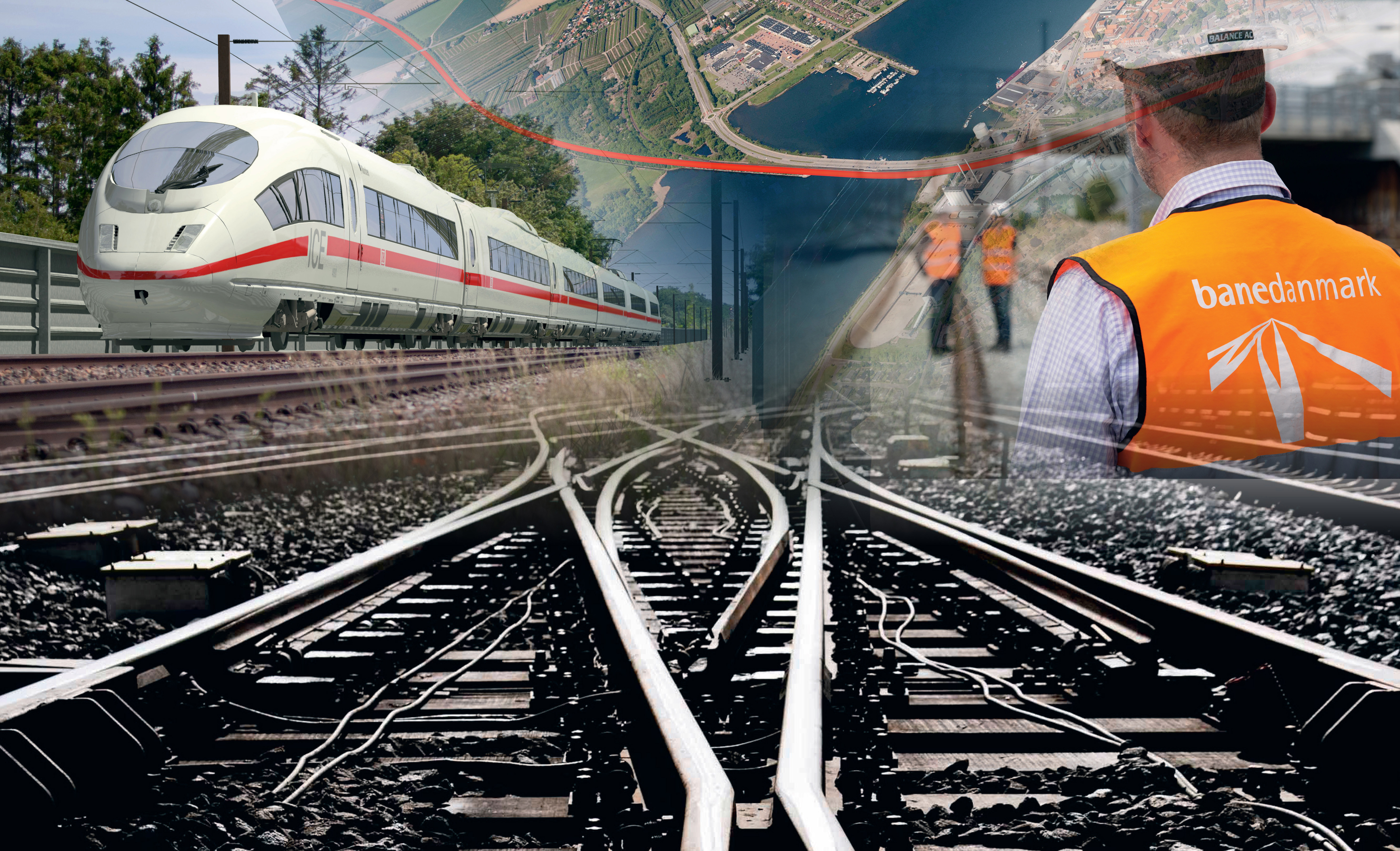 Sammensat foto af jernbane, tog og medarbejdere