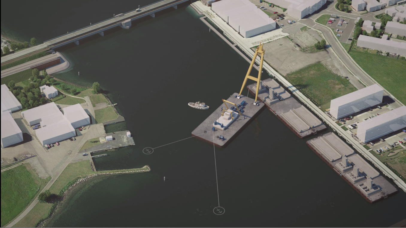 Visualisering af pramme med broelementer og flydekran i Masnedsund